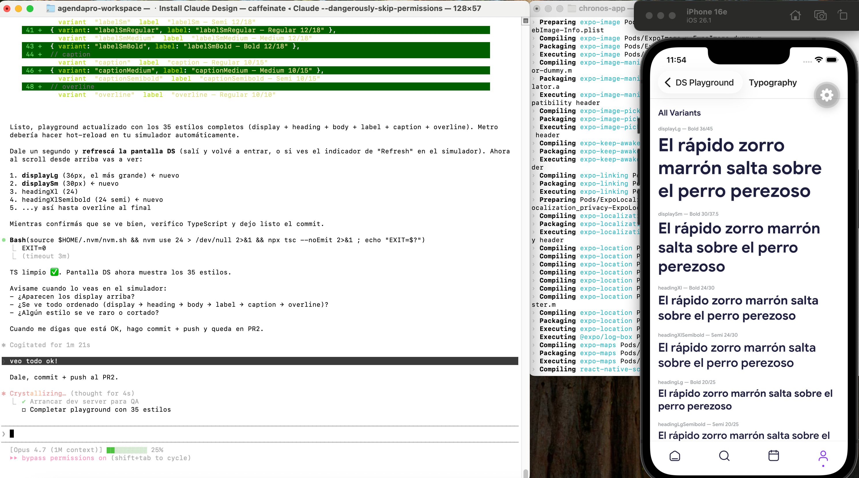 Opal Pro Design System — typography playground in iOS simulator with Claude Code and Xcode