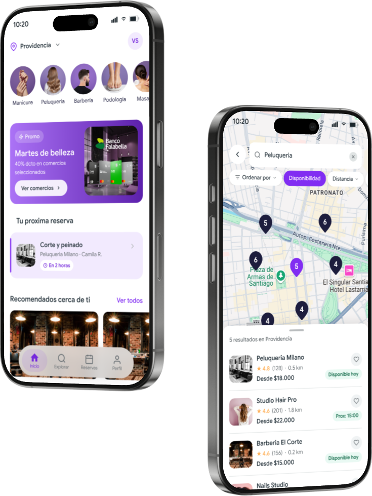 AgendaPro app — home and search screens on iPhone 16 Pro mockup