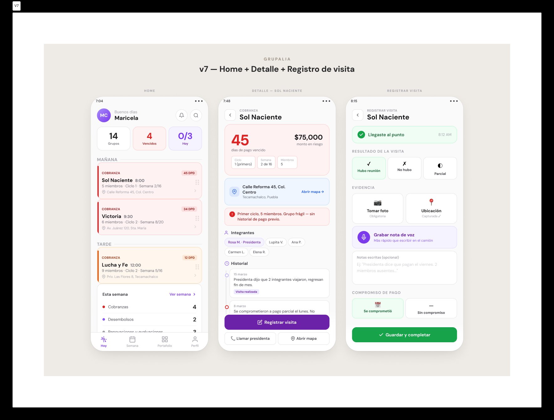 Grupalia v7 — Home, detail and visit registration screens