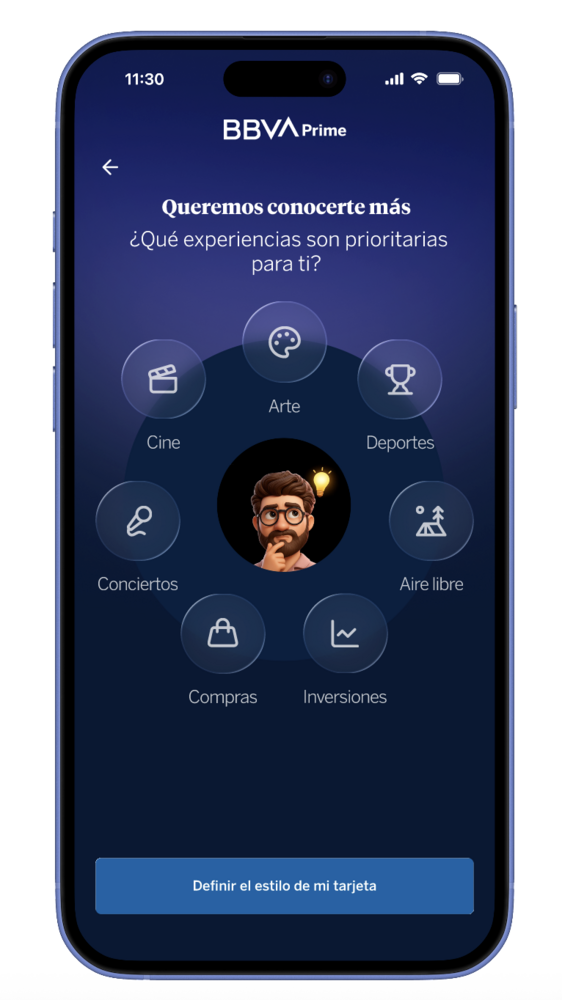 BBVA Prime onboarding — selecting interests