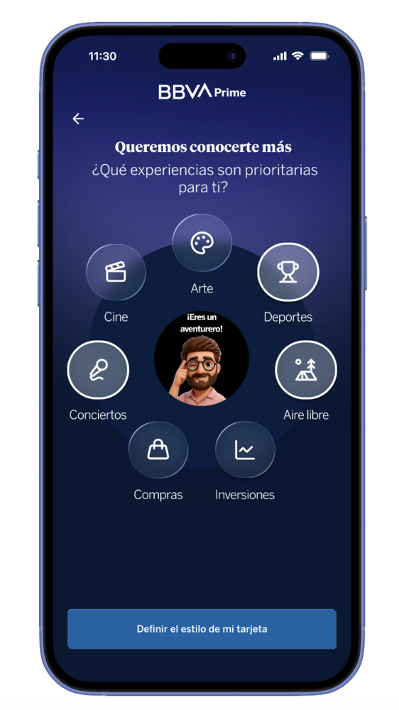 BBVA Prime onboarding — personal avatar reacting
