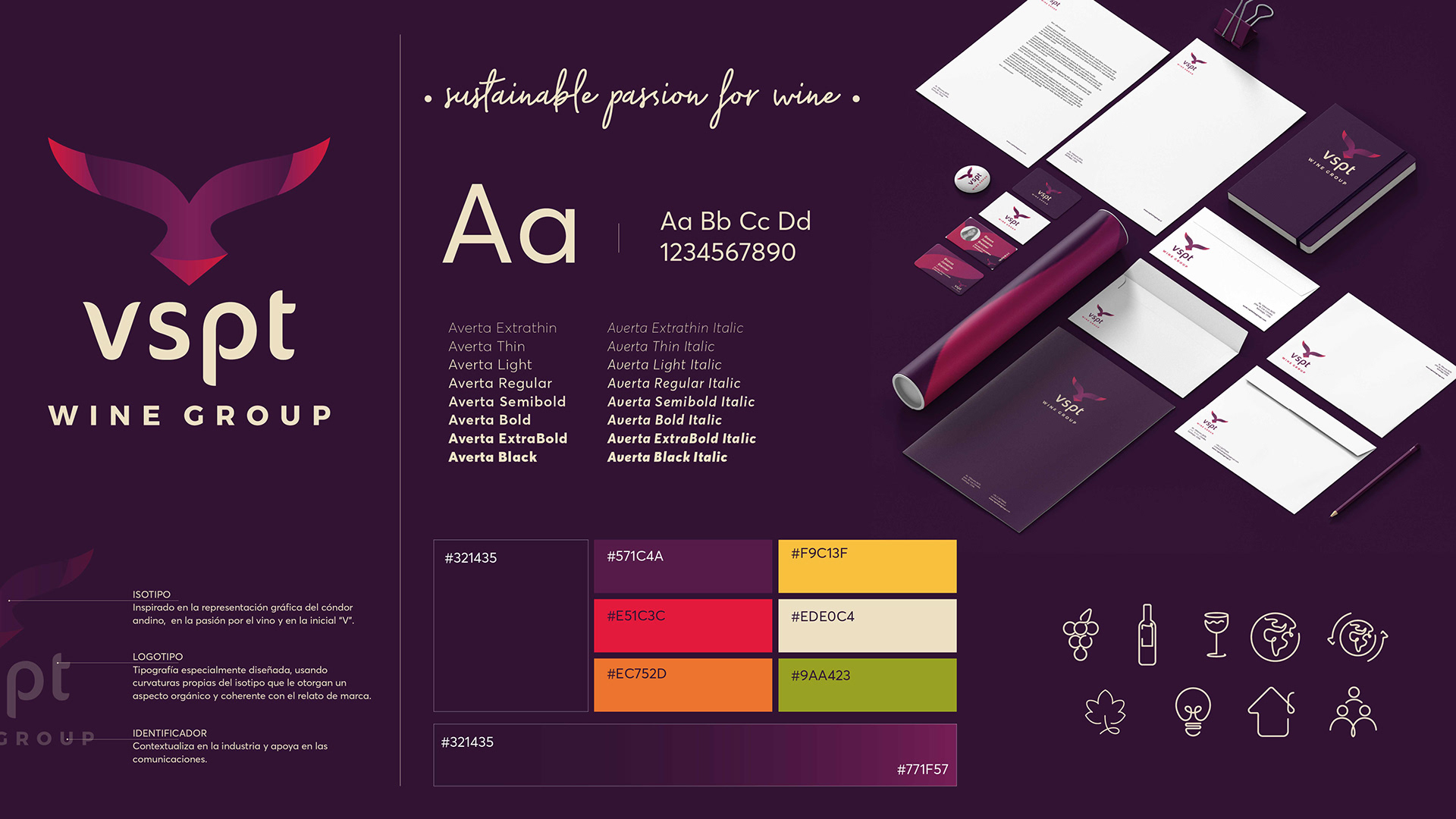 VSPT brand system — logo, type, colour, iconography and stationery
