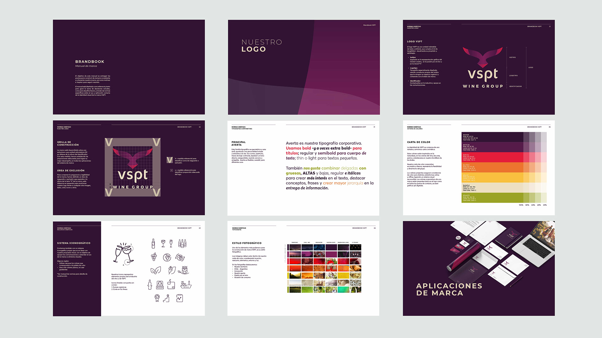 Brandbook spreads — strategy, type, colour, icons, photography